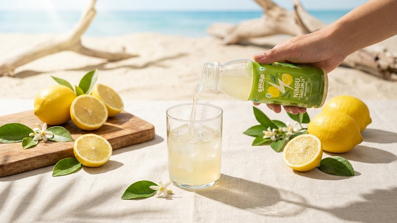 Person pouring lemon juice from a bottle into a glass on a sandy beach with lemons and leaves.