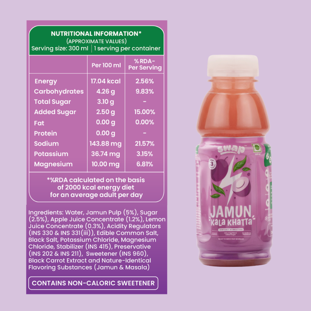 electrolytes jamun kala khatta sodium potassium magnesium low calorie no artificial sweetener guilt free